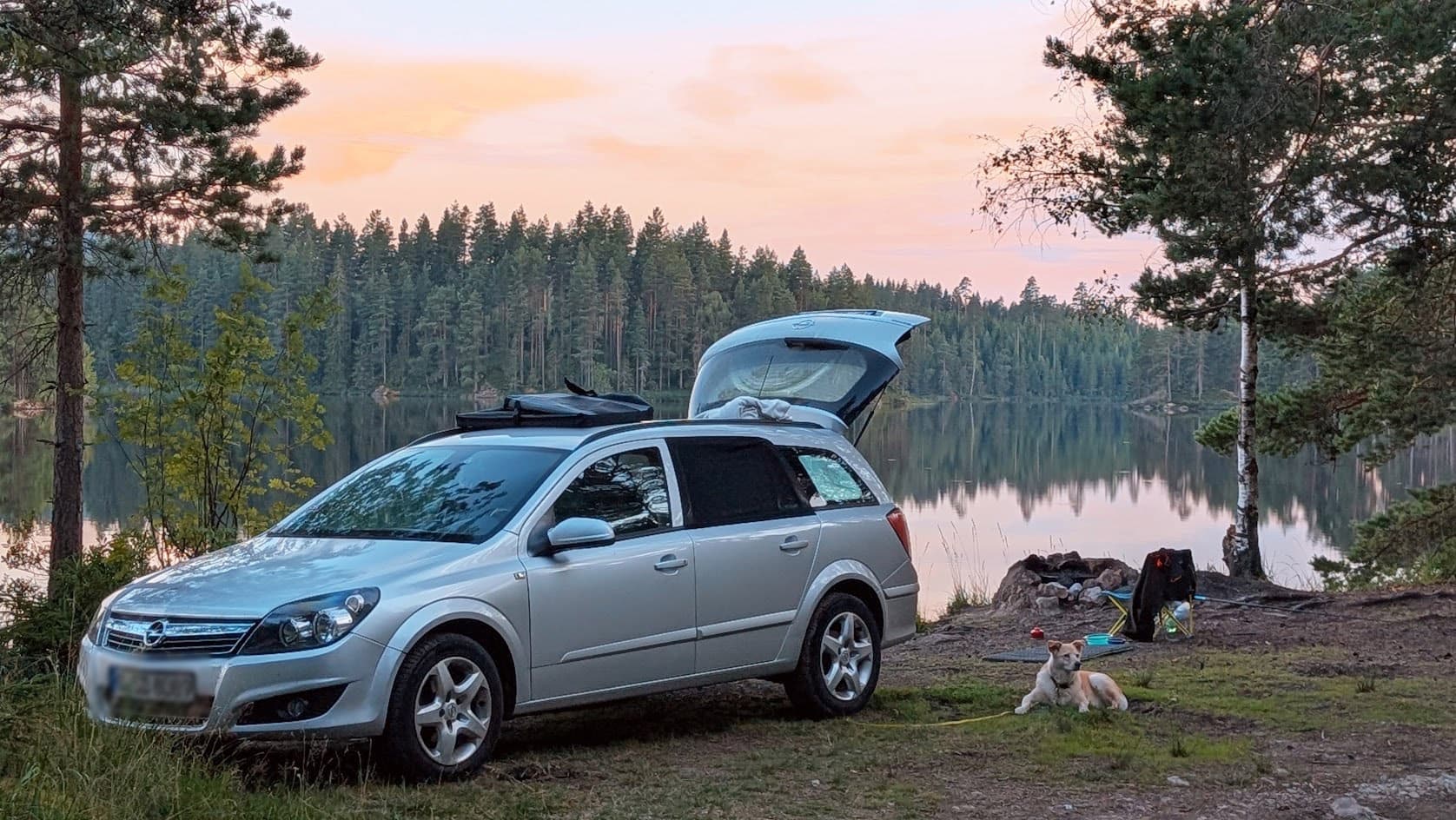 Kombi mit Dachbox und offener Heckklappe an einem Waldsee im Abendlicht, davor liegt ein Hund im Gras